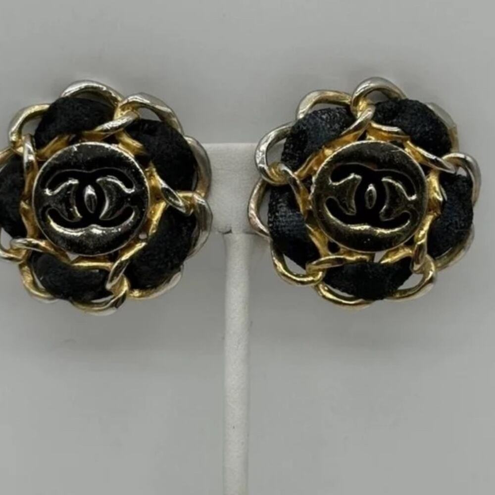 Vintage Authentic Gold Tone Leather Chanel Clip On Earrings